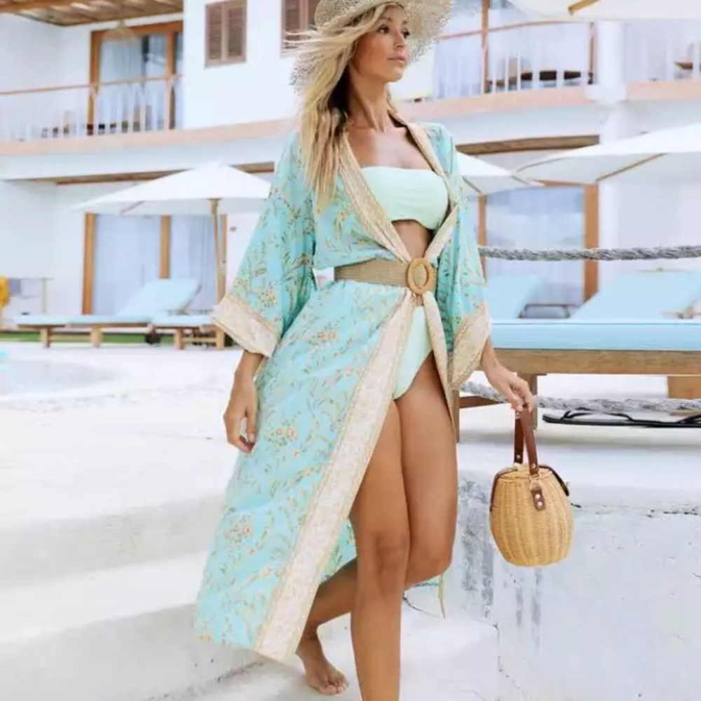 SOLD OUT . Turquoise Fields Floral Kimono Robe Coverup - Picture 2 of 7
